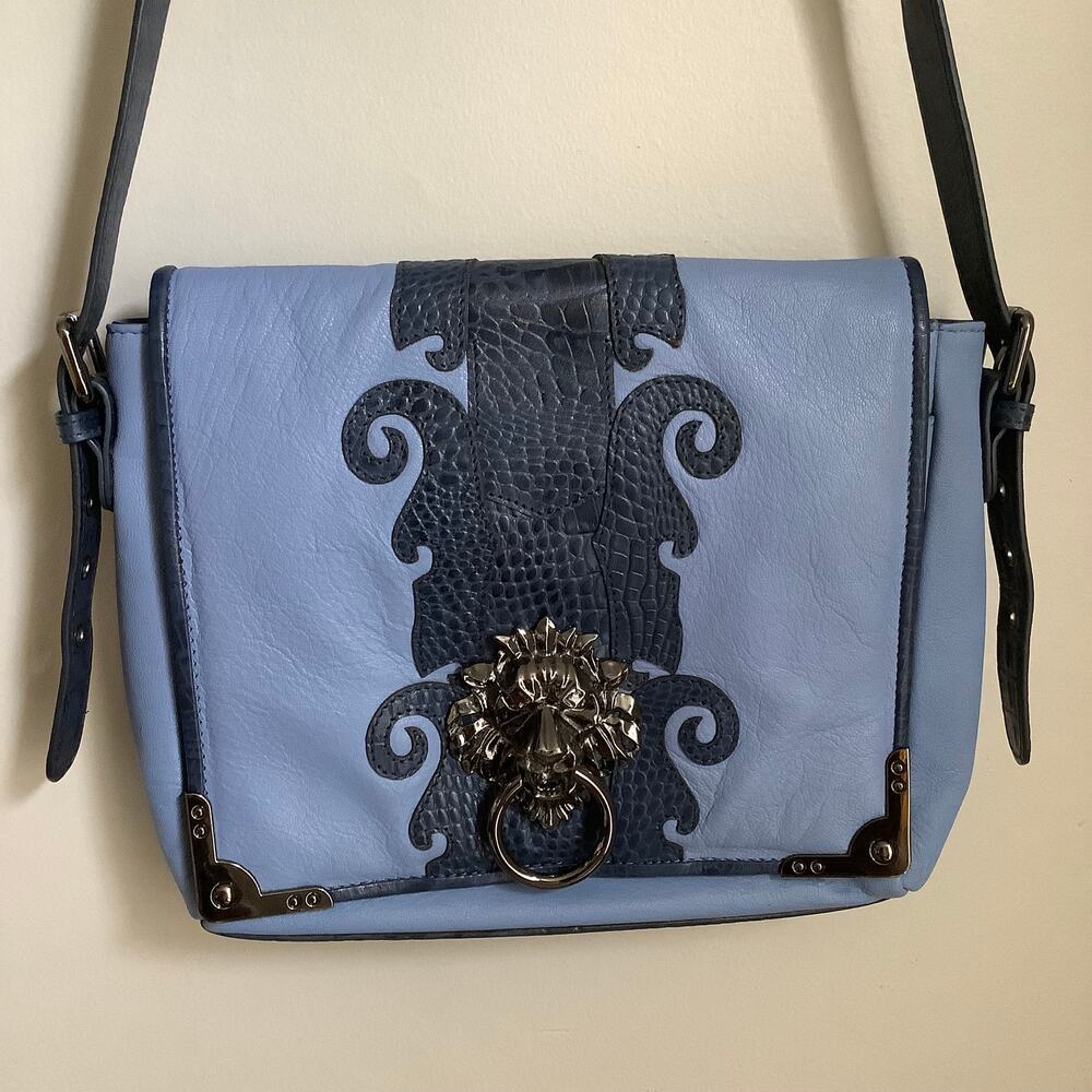 Sharif Blue Museum Lions Gate Doorknocker Crinkle Leather Messenger Crossbody